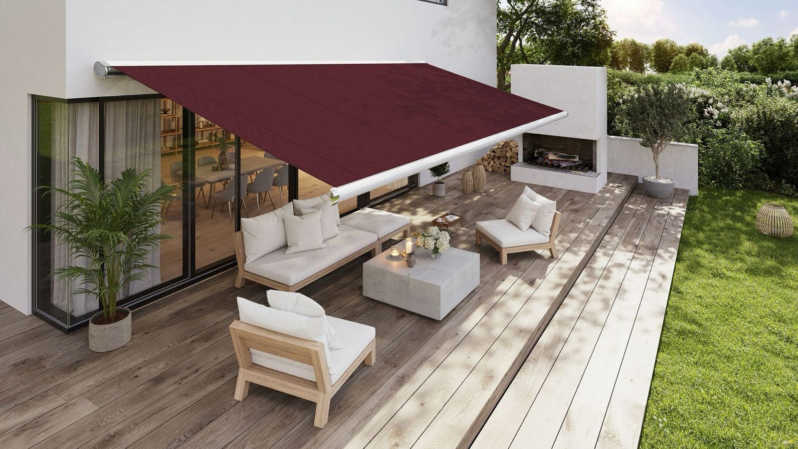 Markise mit dunkelrotem Tuch über einer Terrasse